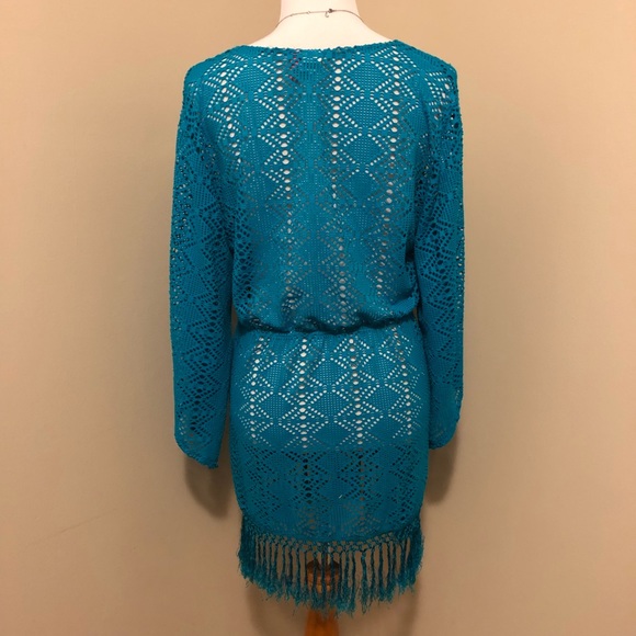 Sessa Turquoise Crochet Swimsuit Coverup w/Tassels,Size-Large - Picture 3 of 6